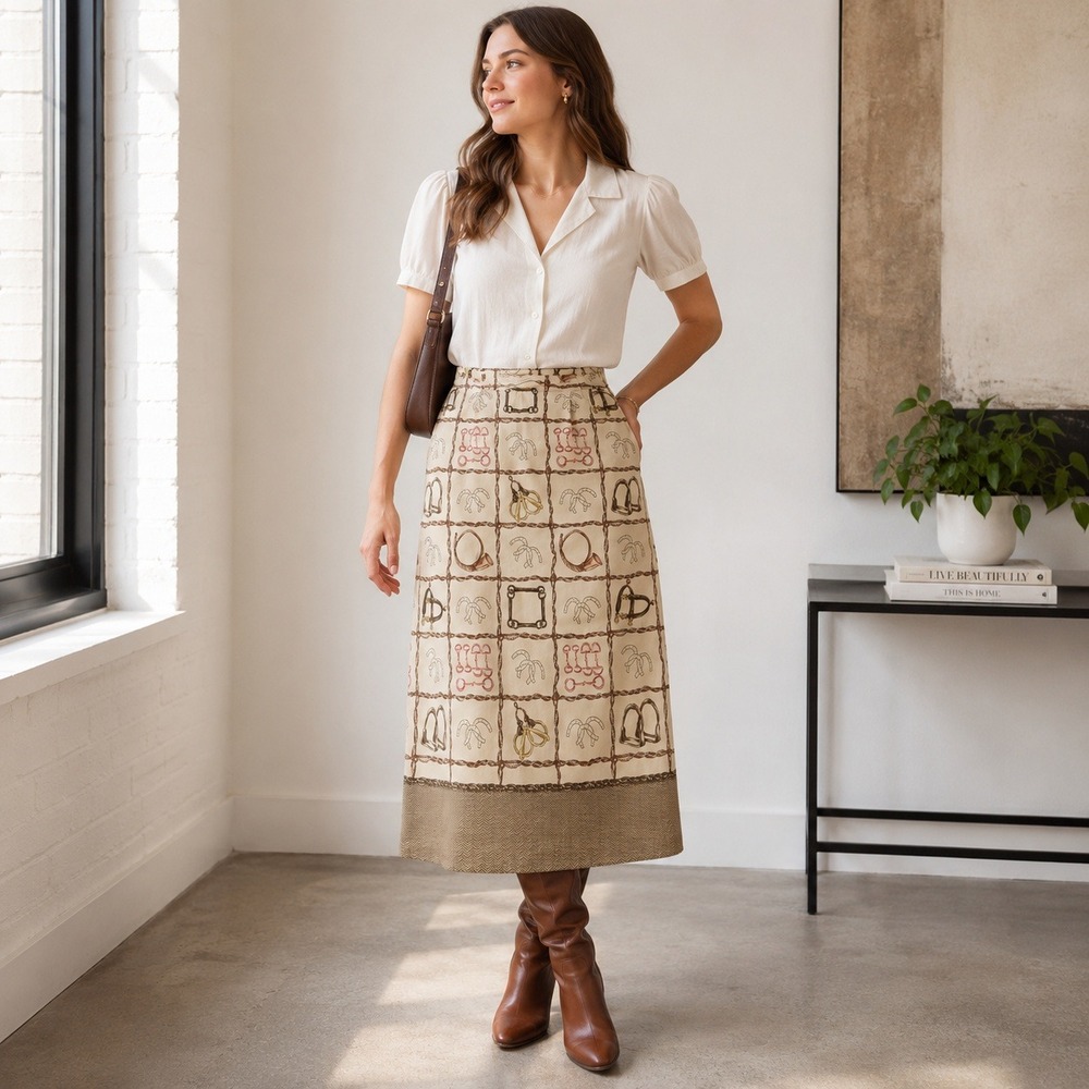 Vintage Intrigue Threads Midi‎ Skirt Equestrian Novelty Print Women's 10P USA